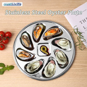 JustLiving Stainless Steel Oyster Plate Western Restaurant Kitchen Tableware Seafood Oyster Plate Round Oyster Plate Oyster Baking Dish Platter 8 Slots Oyster Grill Tray for Oysters/ Sauce/ Lemons