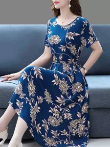 Ladieswear Summer Cotton Silk over-the-Knee Dress Middle-Aged and Elderly Womens Short Sleeve Pocket Mid Length Long Length plus Size Loose Floral Skirt
