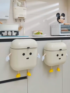 Cartoon Hanging Trash Can with Lid Large Capacity No-Drill Wall Mounted Waste Bin for Kitchen