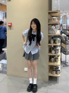 Áo Sơ Mi Nữ Tay Ngắn Dáng Rộng Màu Xanh Lam Phong Cách Hàn Quốc Thiết Kế Mỏng Xếp Ly Ngọt Ngào Mùa Hè Thường Ngày