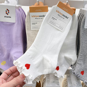 Kikiyasocks หลอดสั้นเกาหลีลายหัวใจ ผ้าฝ้าย ถุงเท้าผู้หญิง Moisture Wicking เรียบง่าย สไตล์หูไม้ ฤดูใบไม้ผลิ 2024