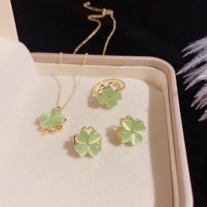 Fresh Four Leaves Clover Green Opal Rotatable Suit Stud Earrings Internet Celebrity Accessible Luxury Ring Niche Style Necklace