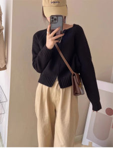 เสื้อสเวตเตอร์ถักสั้นผู้หญิง 2025 ฤดูใบไม้ร่วง/ฤดูหนาว แจ็คเก็ตถักแบบเปิดหน้าด้านในด้วยซิปคู่ ทรงหลวม ปกติ