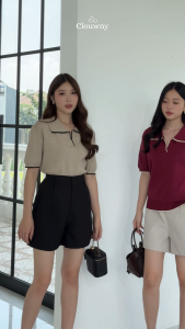 Clouwny Nabel Knit Top Atasan Berkerah Wanita Simple Premium Knit Korean Look Fit to XXL