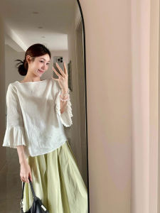 YUFUQING | Elegant White Bell Sleeve Top French Style Summer New Fashion Ageless Versatile Small Shirt Commute Style Polyester Fiber Long Pants