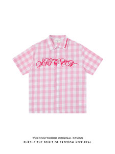 WUKONGYOUHUO | Retro Style Embroidered Letter Plaid Short Sleeve Shirt