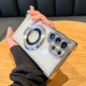 เคสโทรศัพท์ชุบโลหะด้วยไฟฟ้าโปร่งใสพร้อมขาตั้งสำหรับ Samsung Galaxy S24 S23พิเศษเคสป้องกันเฉียบ S22พิเศษพร้อมฟิล์มเลนส์กล้องถ่ายรูปเคสกันกระแทก