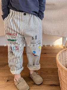 Spring Autumn Childrens Cartoon Striped Casual Long Pants Girls Harem Trousers High Waist Comfortable Non-Fleece-lined