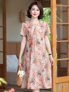 ชุดเดรสผู้หญิงสไตล์จีนฤดูร้อน แขนสั้น ยาวปานกลาง แฟชั่นผู้หญิงวัยกลางคนและผู้สูงอายุ เสื้อผ้าทำงานสไตล์จีน