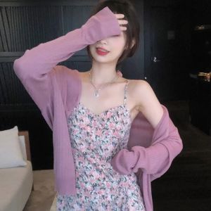 Short Skirt Retro Small Fresh Floral Suspender Dress Set for Women New Purple Sunscreen Jacket Cardigan Short Skirt