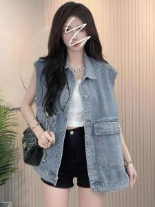 Spring Autumn 2026 plus Size Womens Denim Vest Loose Fit Sleeveless Outerwear Trendy Polo Collar Cotton Lined Solid Color