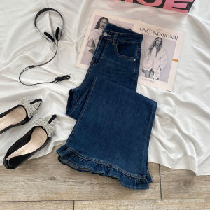 Flared Wide Leg Denim Jeans Womens High Waist Cotton Stretch Blue Jeans Floral Lace Trim Bell Bottoms Casual Trousers