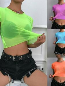 Áo Thun Tay Ngắn Khoét Lưới Màu Xanh Lá Cây Sáng Tạo Dành Cho Nữ Mùa Hè 2022 Cổ Bồng Tay Bồng Cổ Tròn