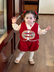 Girls Winter Fleece Lined Cheongsam Set Baby Girls Traditional Chinese New Year Outfit One Year Old Birthday Ceremony Dress