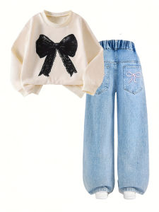 【Only Top + Pants】 Girls Fashionable Bow-Patterned Hoodie + Bow-Stitched Jeans Set a Casual Outfit Suitable for All Seasons.