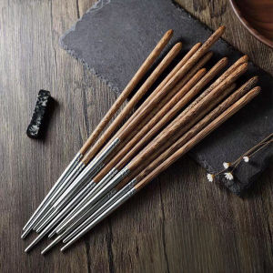 High-End Home Use 25cm Long 304 Stainless Steel Chicken Wing Wood Chopsticks No Wax No Paint Anti-Slip Anti-Mold Heat Resistant
