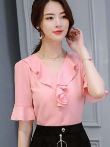 Áo Sơ Mi Chiffon Tay Ngắn Mùa Hè Phong Cách Hàn Quốc Cổ Chữ V Ôm Vừa Vặn Thường Ngày Đa Năng Cỡ Lớn Tay Áo Ống Dài Thời Trang