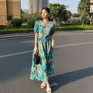 Impression Fashion Women Elegant Floral Loose Cutting V Neck Short Lantern Sleeve Tunic Pleated Long Dress Plus Size