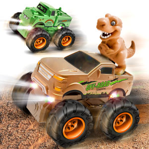 Pull Back Truck Toy with LED lighting Dino Figures T-Rex Dinosaur Themed Car Transport Truck for Boys Toddler Educational Game