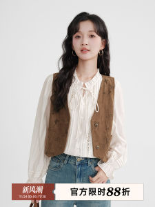 เสื้อเชิ้ตผู้หญิงสไตล์ย้อนยุคสไตล์ชาติพันธุ์ 2025 ฤดูใบไม้ผลิ ชุดชั้นในขนแกะ แจ็คเก็ตทรงสั้น คอวี กระดุมเดียว เสื้อกั๊กผ้าโพลีเอสเตอร์