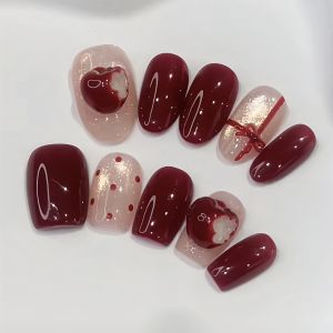 Handmade Christmas New Year Celebration Red  Butterfly Knot Nail Tips Short Wearable Nails Gentle Color Scheme Gift Box