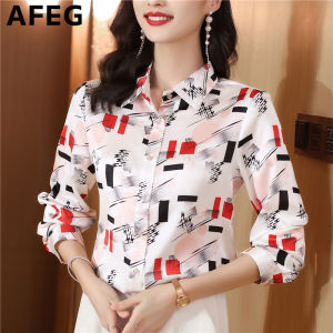 AFEG Korean Style Shirt Collar Fashion Loose Versatile Silk Satin Print Long Sleeve Ladies Tops for women