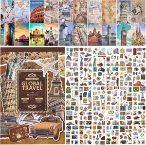 Simno Vintage Scrapbook Stickers Books - 300 Pre-Cut Washi Global Travel Stickers & 20 Scrapbook Papers for Crafting Journaling