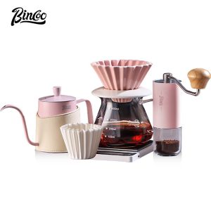 BINCOO Pour-Over Coffee Dripper Set with Manual Grinder Coffee Filter Cup Maker Set Temperature-Controlled Coffee Pot Ceramic Glass Pour-Over Kettle Set