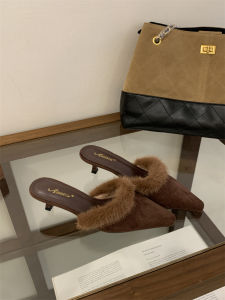 2025 Winter New Velvet Sharp Pointed Toe Thin Heel High Heels Womens Outdoor Wear Head Cover Half Slippers Mink Fur Slippers