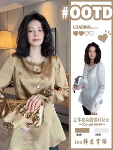 Elegant round Neck Long Sleeve Acetate Satin Shirt Womens Loose Top Spring Fashion Commute Style Comfortable Fit Shirt