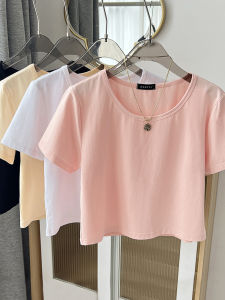 Summer Ultra Cute Pure Cotton Short Sleeve T-Shirt Womens round Neck Short Shoulder Top Small Size Korean Style Commute