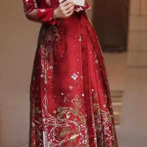 New Chinese Style Heavy Work Marriage Proposal Outfit Red Horse Tail Skirt Set Autumn Winter plus Size Womens Wedding Dress