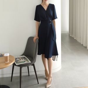 BAILUOANN | Bailuan V-neck Short Sleeve Womens Dress Slimming A-line Midi Skirt High Waist Simple Style New Summer Fashion Dress