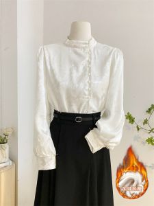 Womens Thickened Fleece Lined Stand Collar Long Sleeve Shirt Vintage Style Inner Wear Autumn Winter Fashion Top Quality Material