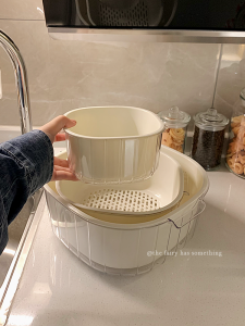 Double Layer Plastic Fruit Basket Kitchen Drain Basket Living Room Decor Vegetable Washing Basin Pure Color European Style