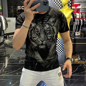 European Goods New Men Hot Drilling Tiger Head Short Sleeve T-shirt K-style Silm Popular Hot Drilling Printed Half Sleeve Tops