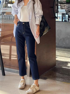 Deep Blue High Waist Straight Leg Denim Jeans Womens New Style Eight Nine Points Small Size Loose Slimming Smoke Tube Pants
