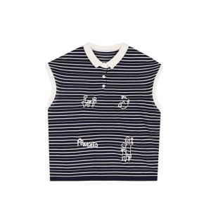 YUEZHONGWEI | Slim Fit Ice Silk Knitted Short Sleeve T-Shirt French Collar Color Block Striped Polo Shirt Women Summer Top Fashion Casual Wear