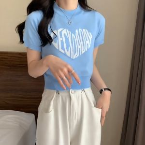 เสื้อยืดแขนสั้นไหมพรม คอกลมลายพิมพ์ทรงหัวใจ 66050 พร้อมส่ง Grace\_Chili