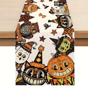 VIKAMA Vintage Halloween Table Runner Hoạt Hình Bí Ngô Phù Thủy Cú Mèo Đen Vải Lanh Trang Trí Bàn Ăn Retro Ngày Lễ Đảng Nhà Điểm Nhấn
