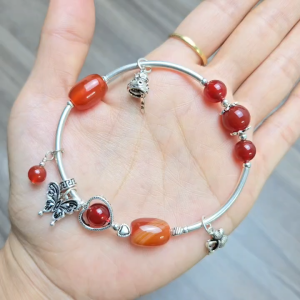 Q2432 Lắc Bạc Ngọc Agate Đỏ mix 2 lu thống Ngọc Agate Đỏ Vân Cam Hỏa và Thổ - Phong Thuỷ TUDO
