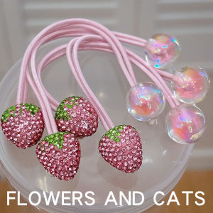 Pink Strawberry Rhinestone Hair Ties Children Non-Damaging Hair Bands Baby Girls Hair Accessories Sweet Style Hair Bands