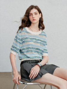 Toyouth | Colorful Striped Round Neck Short Sleeve Aurora Style Knit Top
