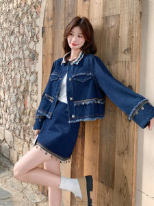 Bohemian Style Denim Blue Womens Set High Waist Short Skirt Long Sleeve Cardigan Loose Fit Fashion Autumn Collection