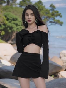 Lulu Cozy Black Long Sleeve Bikini Separate Swimming Suit for Hot Spring Vacation Sun Protection Show off Your Curves