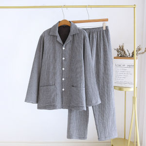 Cotton Pijama Couple Sleepwear Loose Long Sleeve Home Clothes Sweat Absorbent Breathable Four Layer Gauze for Men And Women