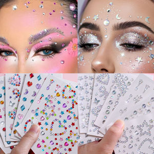 1Pcs 3D Face Rhinestones Tattoos Stickers Colorful Heart/Star/Moon Diamonds Sticker for Party Festival Body Makeup Decor Tattoo