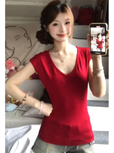 YUEZHONGWEI | Dopamine Boost Red V-neck Ice Silk Knitted Short Sleeve T-shirt Women Summer Slim Fit Short Length Top Korean Style Commute