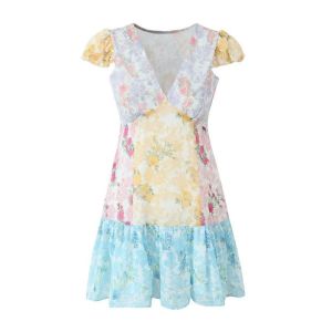 Romantic French Style Mini Dress Floral Print V-Neck Short Sleeve Color Block Holiday Vibes High Waist A-Line Skirt