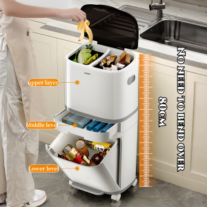 Kitchen Dry And Wet Separation Trash Can Movable with Universal Wheel Sorting Trash Can with Foot Pedal 3 Layers Home Living Garbage Bin